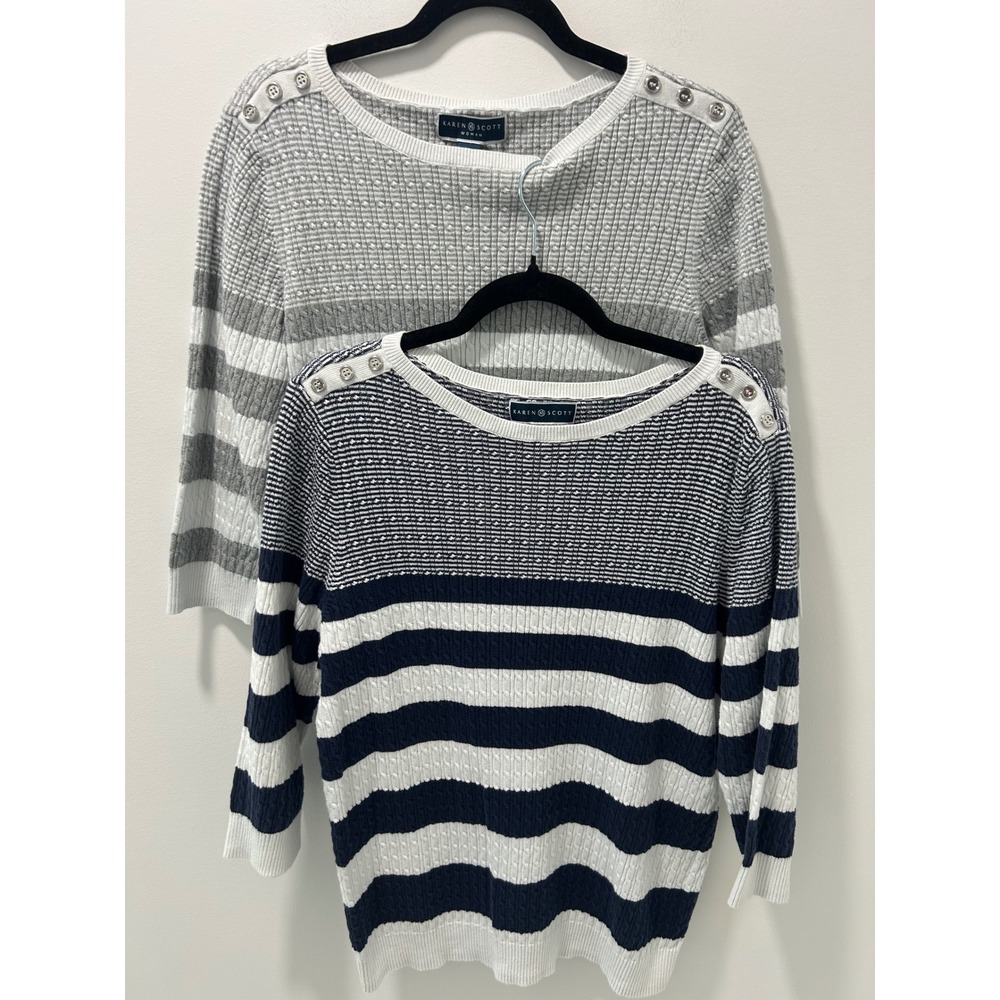 Karen Scott Womens Striped Cotton Cable Knit Sweater Bundle Navy Grey 1X XXL